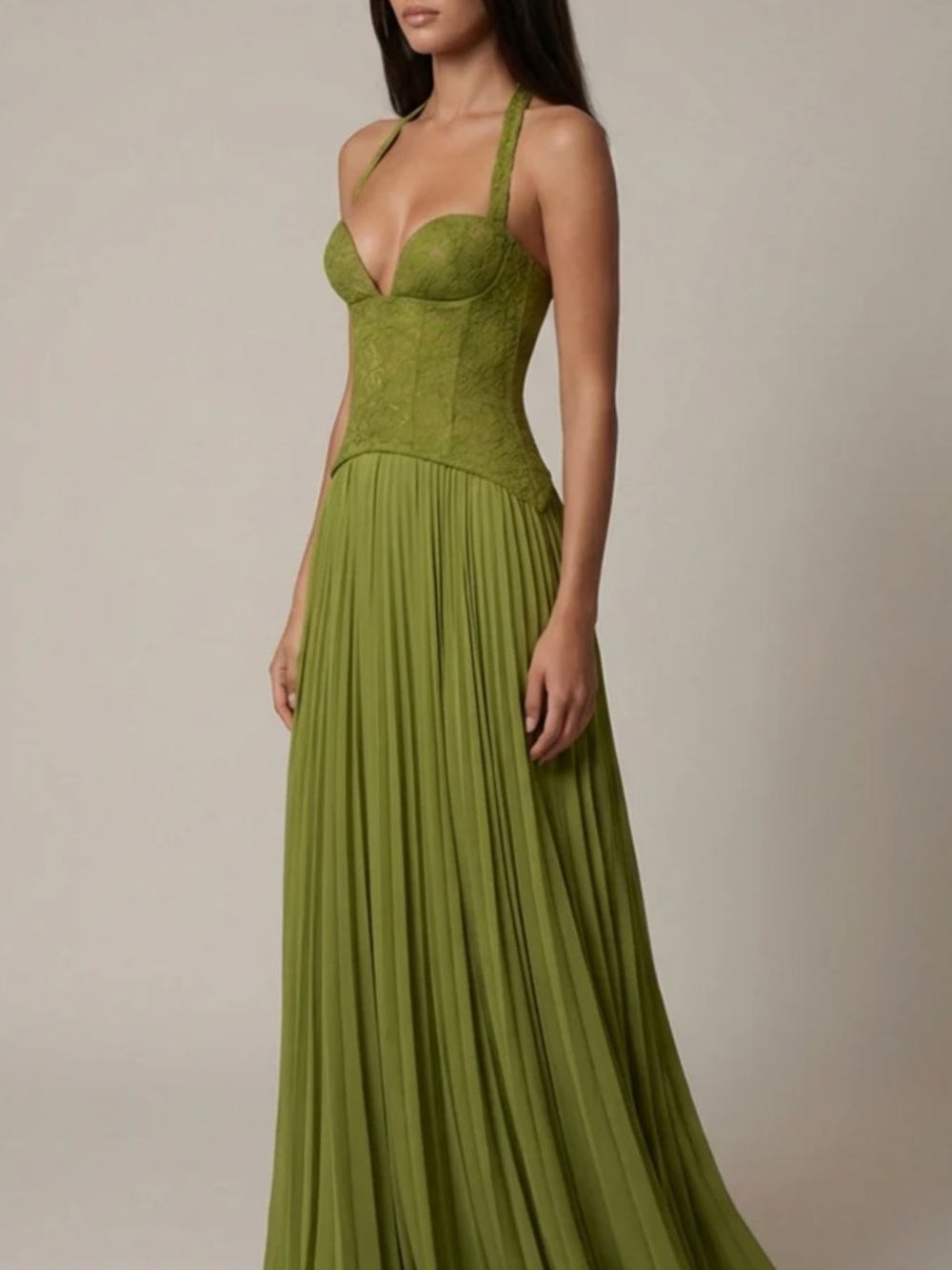 Olive Green Lace Bodice Pleated Maxi Dress